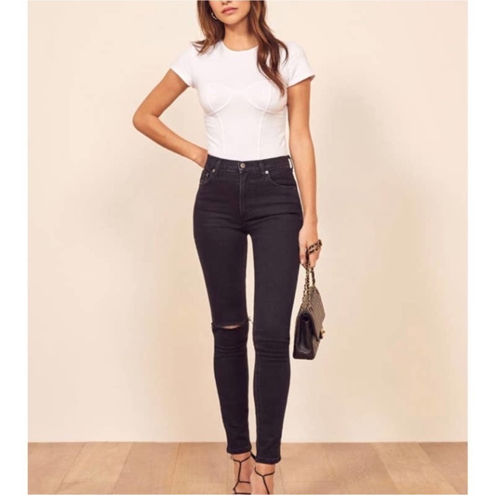 REFORMATION Serena High Waisted Rise Skinny Faded Black Denim Jeans Destroyed